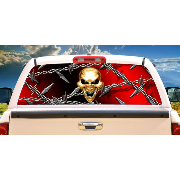 Fire flame skull car truck rear window view thru graphic